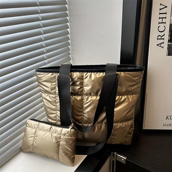 Handbags - golden black strap tote an matching cosmetic bag